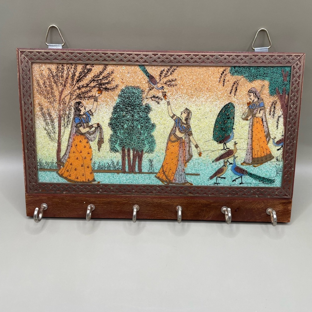 Rajasthan READ India Crushed Gemstone Painting Wall Hanging Key 6 Hooks Holder